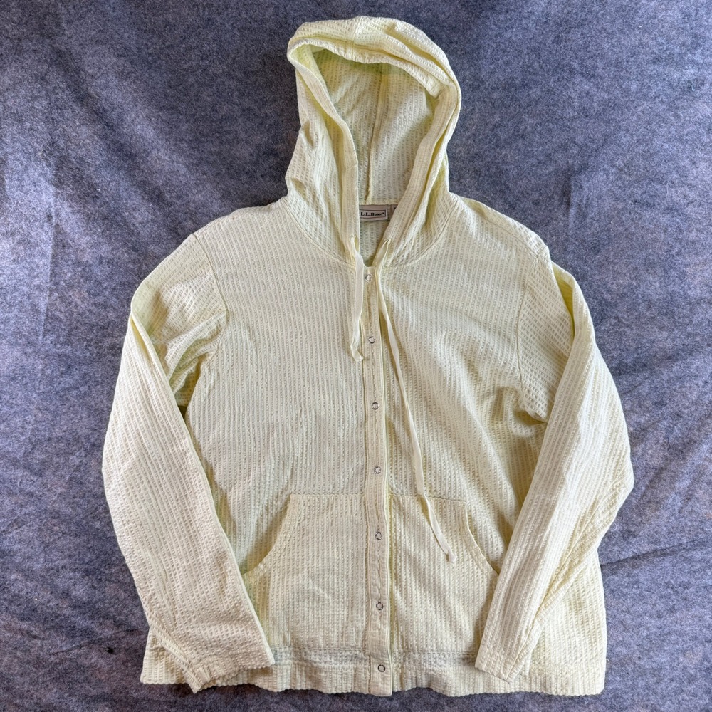L.L. Bean Hoodie Women L Yellow Waffle Knit 100% Cotton Snap Front Cardigan